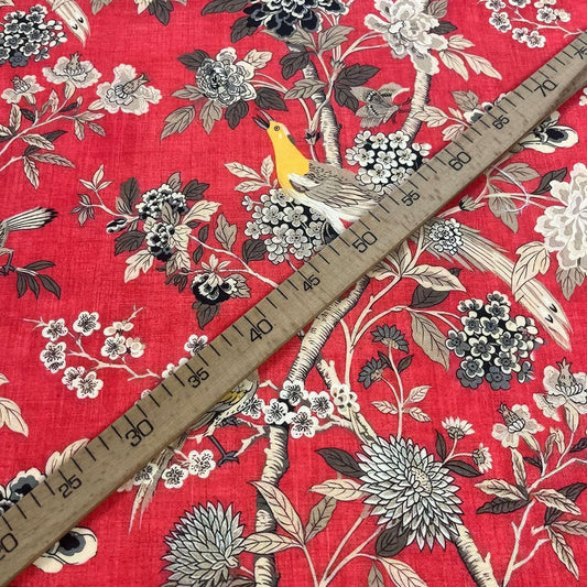 Tissu Impression Numérique Oiseau Jaune et Branches - Toile Rouge 250g pour Déco et Mode - Boutique MyTissus Marckolsheim Alsace