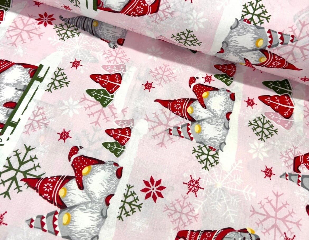 Popeline 100 % Coton Mytissus® - Lutins Noël - Fond Rose Tissu Coton MYTISSUS