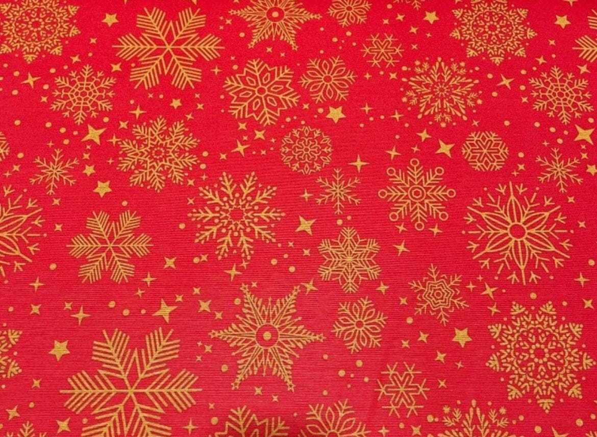 Toile Déperlante Premium - Flocons de Neige Dorés Fond Rouge Tissu Ameublement MYTISSUS