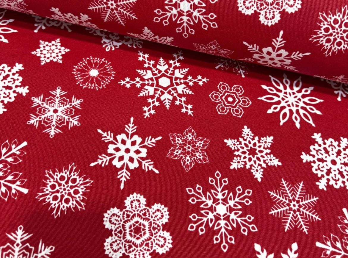 Toile Déperlante Premium - Flocons de Neige Fond Rouge Tissu Ameublement MYTISSUS