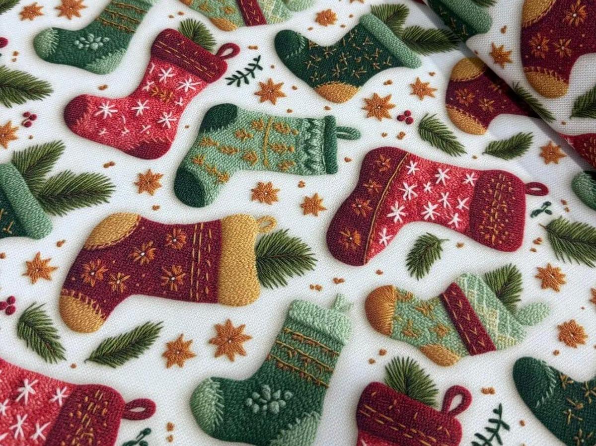 Tissu Chaussettes de Noël Effet Relief 3D - Création Mytissus pour Déco et Mode - Boutique MyTissus Marckolsheim Alsace