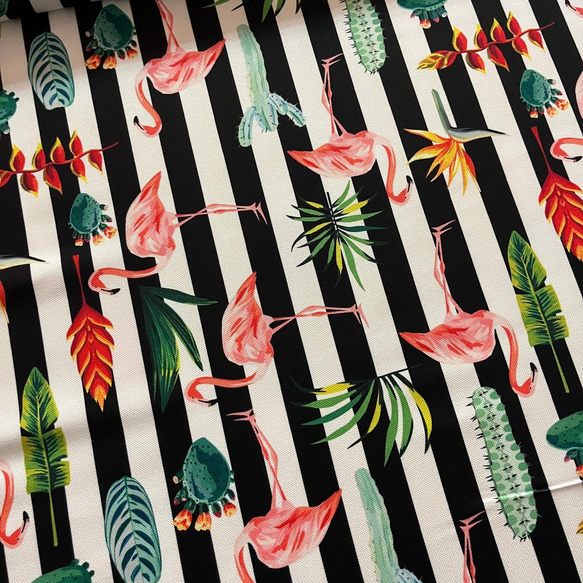 Tissu Impression Numérique Flamants Roses & Rayures Noir et Blanc pour Déco et Mode - Boutique MyTissus Marckolsheim Alsace