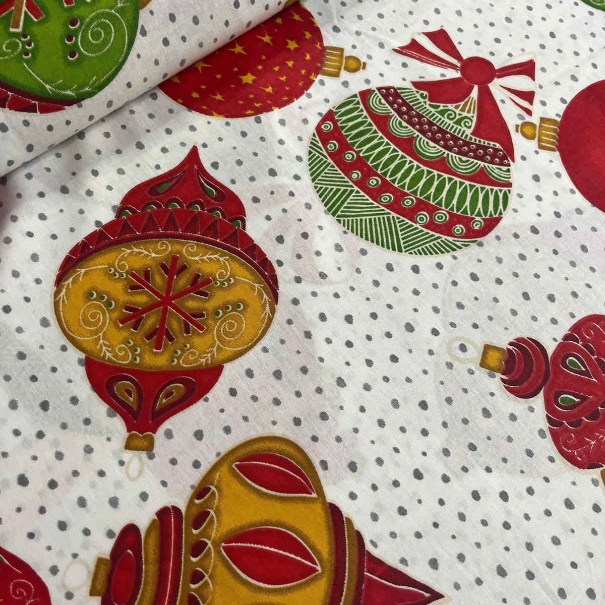 Tissu Popeline de Coton 240cm - Boules de Noël Fond Étoilé - MyTissus pour Déco et Mode - Boutique MyTissus Marckolsheim Alsace