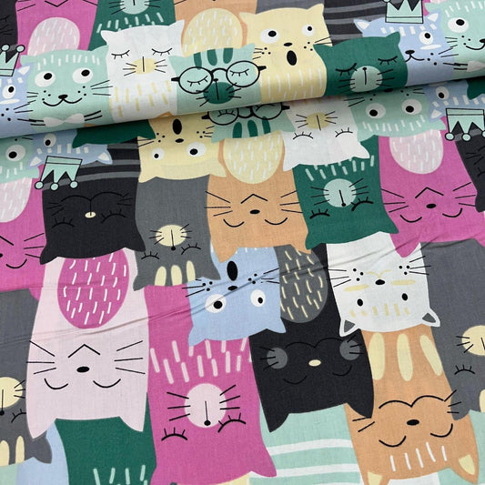 Tissu Popeline de Coton 240cm - Chats Colorés Géométriques - MyTissus pour Déco et Mode - Boutique MyTissus Marckolsheim Alsace