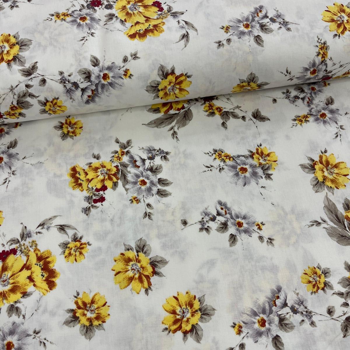 Tissu Popeline de Coton 240cm - Fleurs Jaunes Vintage - MyTissus pour Déco et Mode - Boutique MyTissus Marckolsheim Alsace