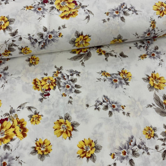 Tissu Popeline de Coton 240cm - Fleurs Jaunes Vintage - MyTissus pour Déco et Mode - Boutique MyTissus Marckolsheim Alsace