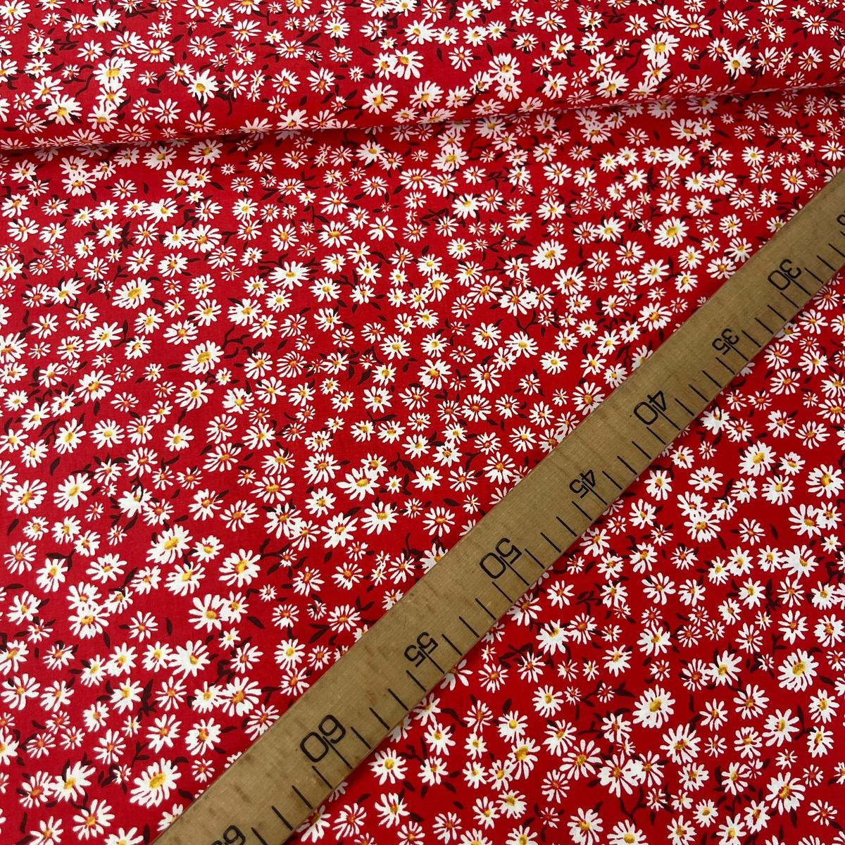 Tissu Popeline de Coton 240cm - Marguerites Blanches & Fond Rouge - MyTissus pour Déco et Mode - Boutique MyTissus Marckolsheim Alsace