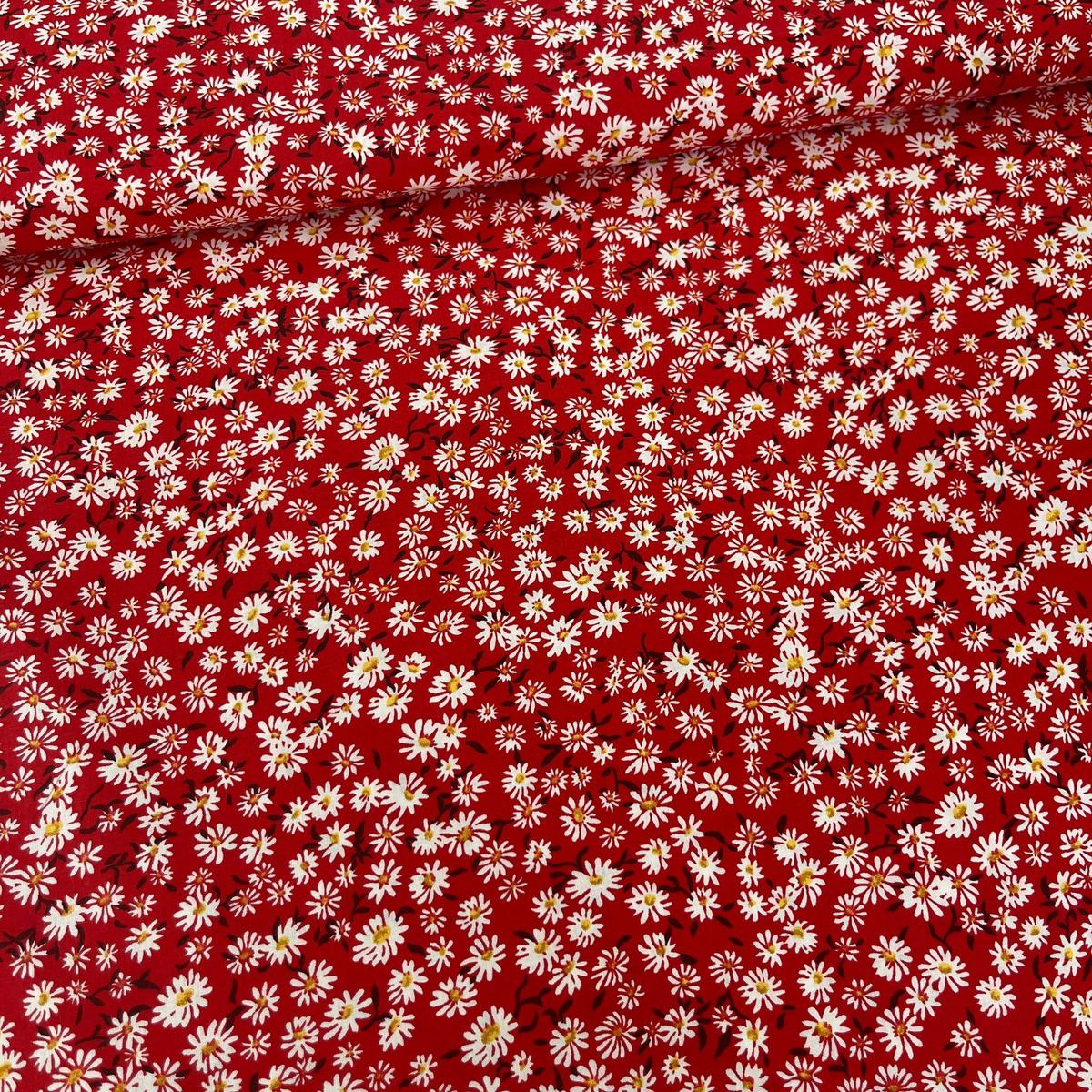 Tissu Popeline de Coton 240cm - Marguerites Blanches & Fond Rouge - MyTissus pour Déco et Mode - Boutique MyTissus Marckolsheim Alsace