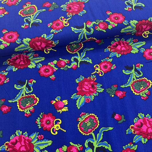 Tissu Viscose Premium - Fleurs Vintage Bleu pour Déco et Mode - Boutique MyTissus Marckolsheim Alsace