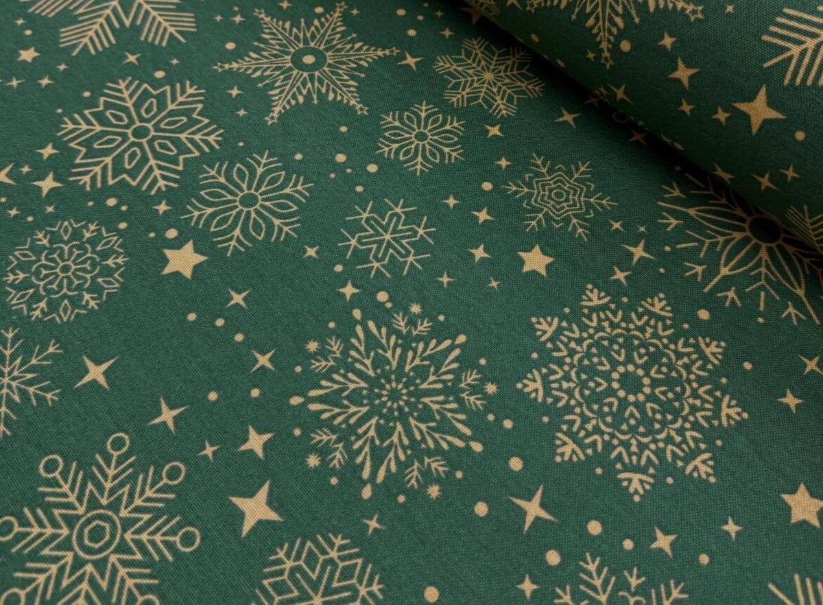 Toile Déperlante Premium - Flocons de Neige Dorés Fond Vert pour Déco et Mode - Boutique MyTissus Marckolsheim Alsace