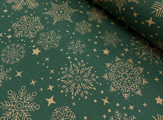 Toile Déperlante Premium - Flocons de Neige Dorés Fond Vert pour Déco et Mode - Boutique MyTissus Marckolsheim Alsace