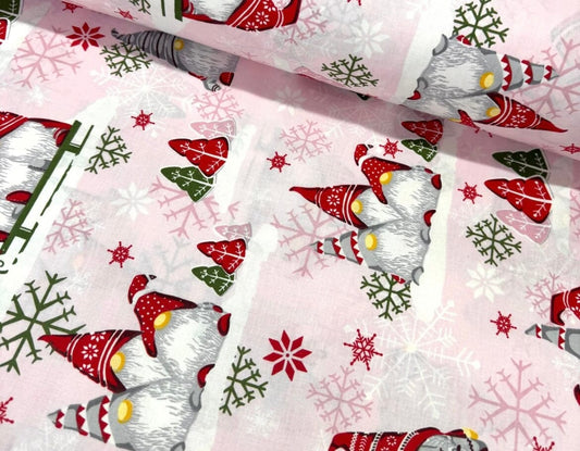 Popeline 100 % Coton Mytissus® - Lutins Noël - Fond Rose Tissu Coton MYTISSUS 