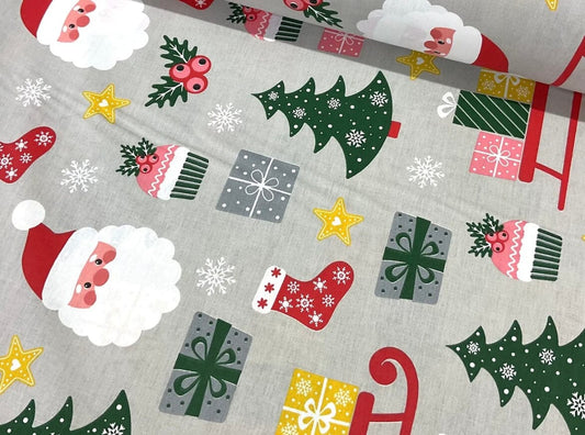 Popeline 100 % Coton Mytissus® - Motifs Noël Fond Gris Tissu Coton MYTISSUS 
