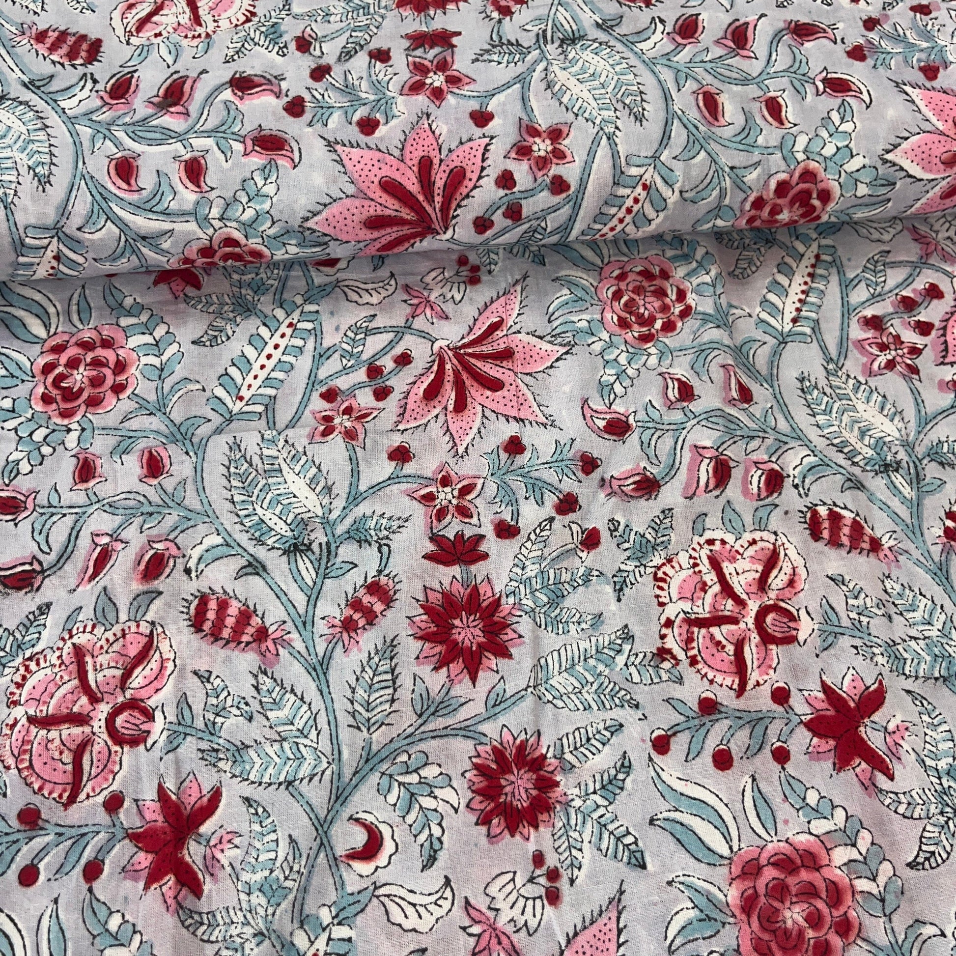 Sanganeri Fleuri Rouge et Pétrole - Teinture Main MYTISSUS 