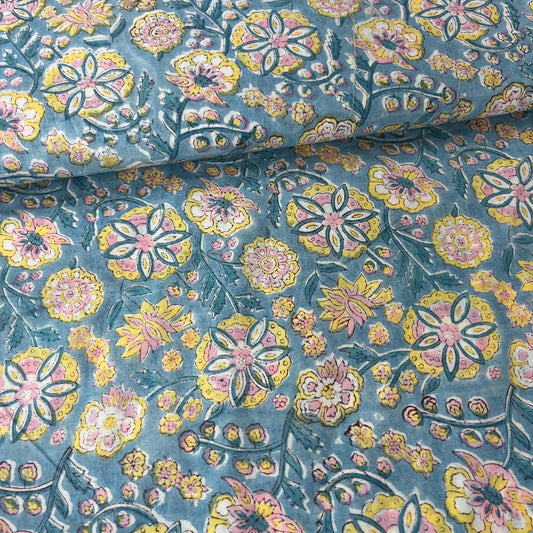 Sanganeri Fleuri Turquoise - Teinture Main MYTISSUS 