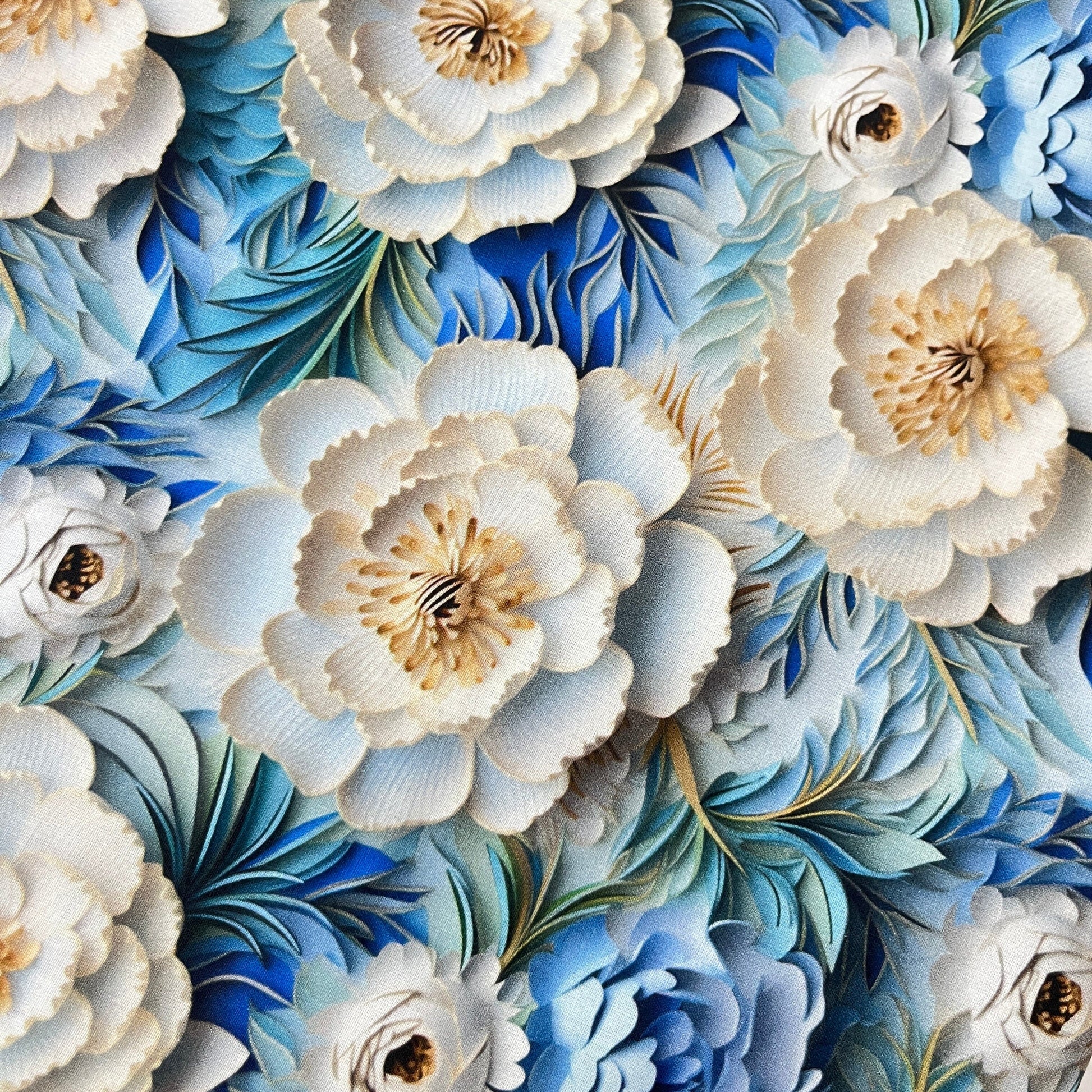 Tissu Coton 3D - Fleurs Blanches et Bleues MYTISSUS 