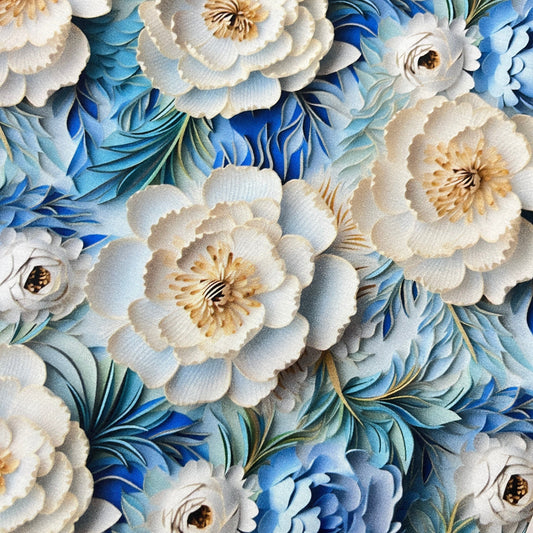 Tissu Coton 3D - Fleurs Blanches et Bleues MYTISSUS 
