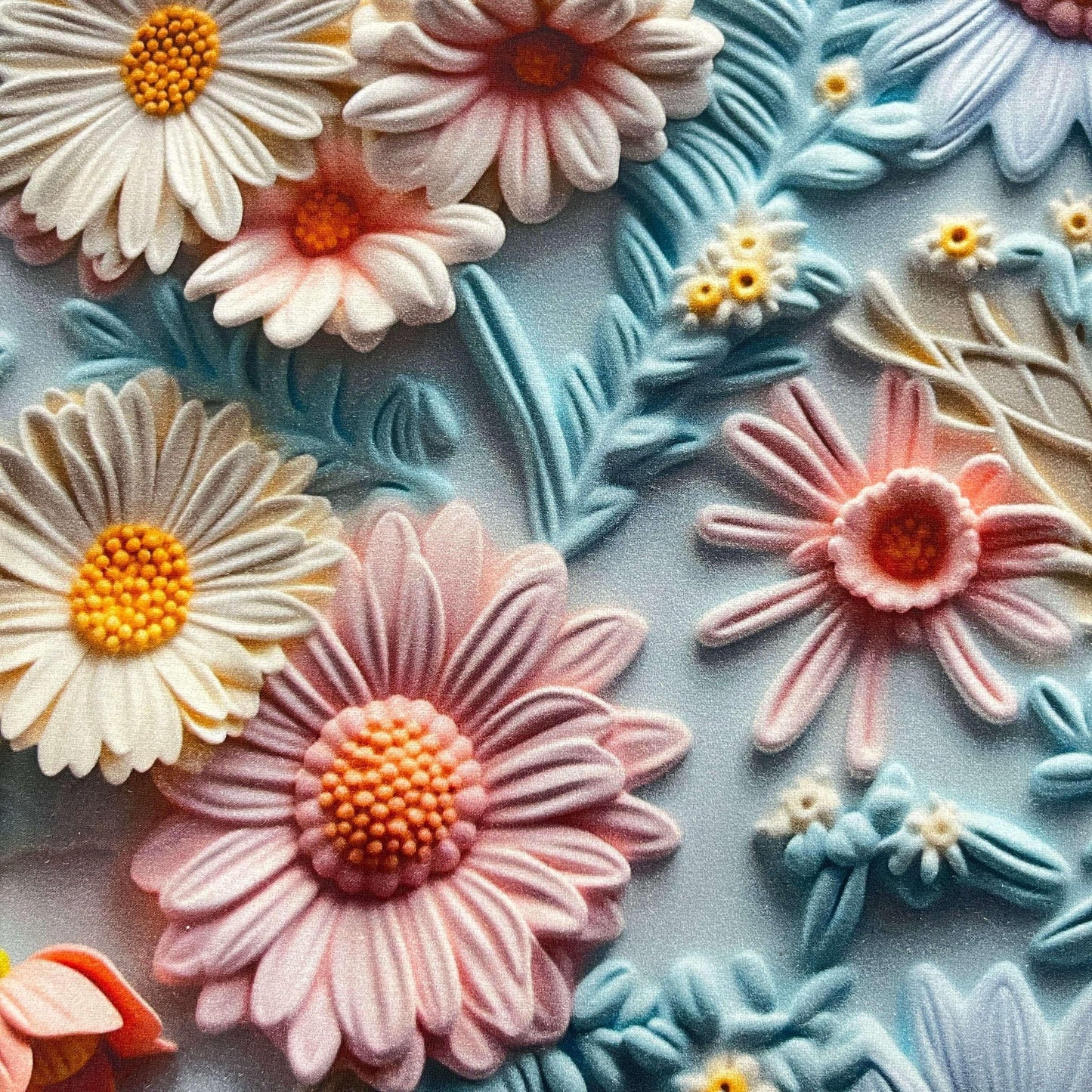 Tissu Coton 3D - Fleurs sur Fond Bleu - MYTISSUS