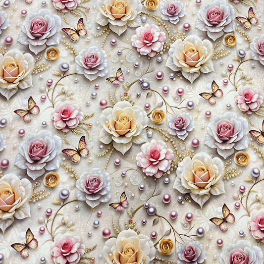 Tissu Coton 3D - Roses et Perles - MYTISSUS