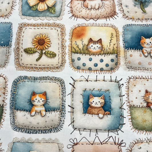 Tissu Popeline Coton 240cm — Coussins Chatons Vintage Douceur Cottagecore | Exclusivité MyTissus