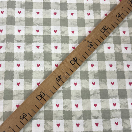 Tissu Popeline Coton 240cm — Vichy Cœurs Taupe & Bordeaux Campagne Chic | Exclusivité MyTissus