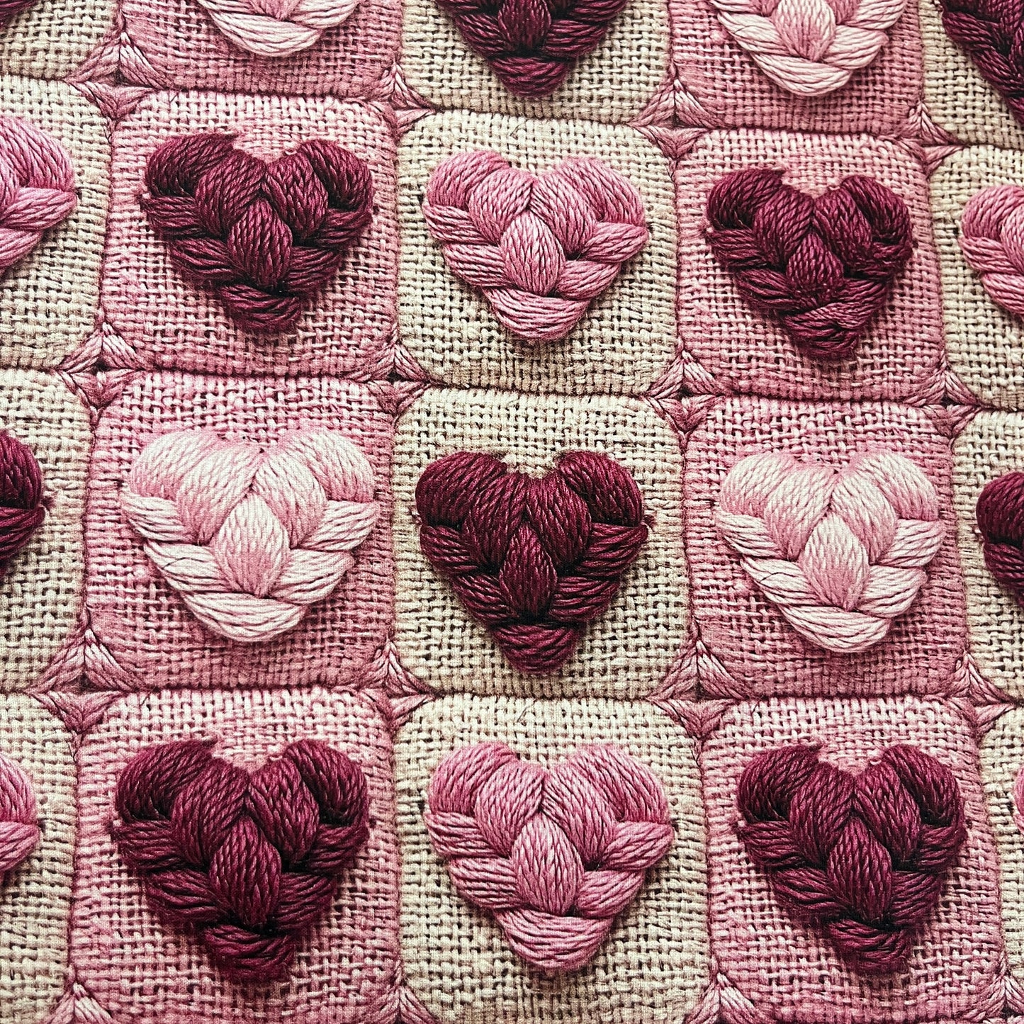 Tissu Popeline Coton 240cm - Coeurs Tressés Bordeaux Broderie 5D | Exclusivité MyTissus