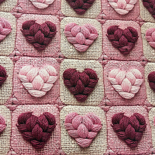 Tissu Popeline Coton 240cm - Coeurs Tressés Bordeaux Broderie 5D | Exclusivité MyTissus