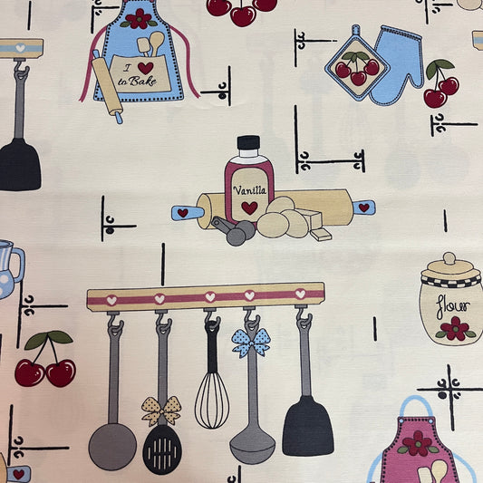 Toile déperlante cuisine rétro I love to bake, vue d'ensemble du motif - MyTissus