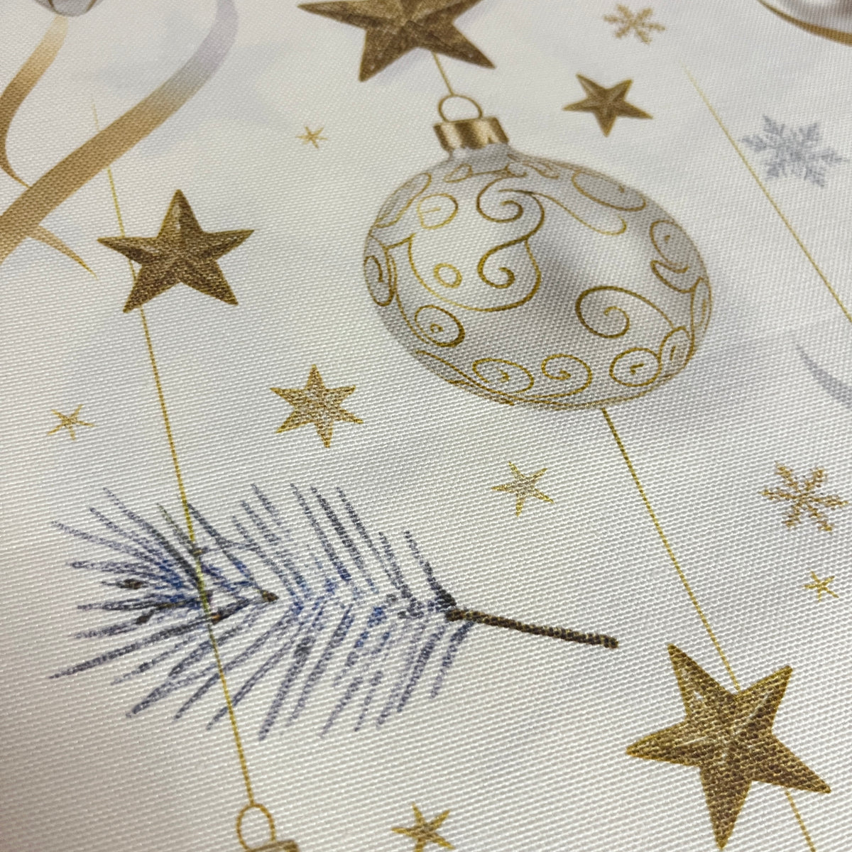 Toile déperlante de Noël boules nacrées et étoiles dorées, tissu au mètre plié - MyTissus