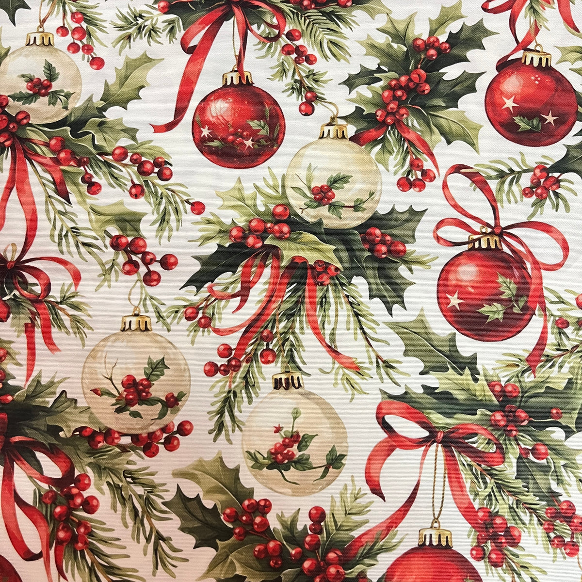 Toile déperlante de Noël boules rouges et houx vintage, vue d'ensemble du motif - MyTissus