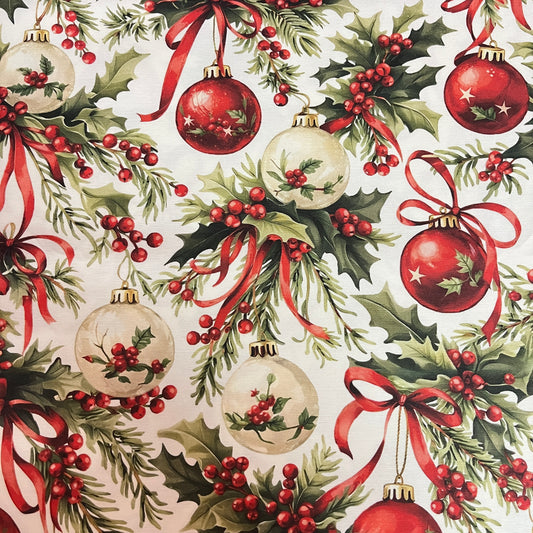 Toile déperlante de Noël boules rouges et houx vintage, vue d'ensemble du motif - MyTissus