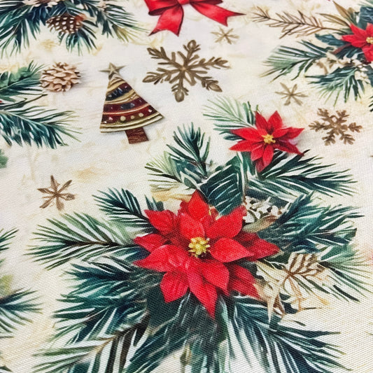 Toile déperlante de Noël poinsettias et branches de sapin, gros plan sur un poinsettia rouge - MyTissus