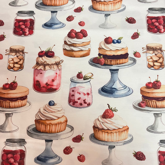 Toile déperlante pâtisseries, cupcakes et confitures, vue d'ensemble du motif - MyTissus